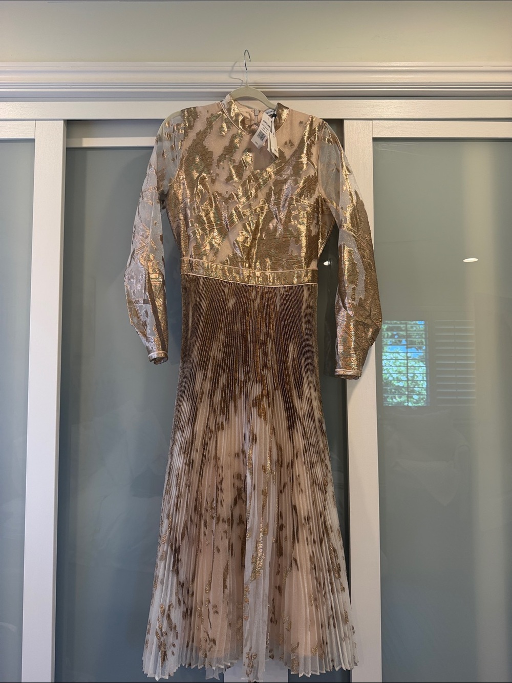 Gold Metallic Long-Sleeve Pleated Midi Dress